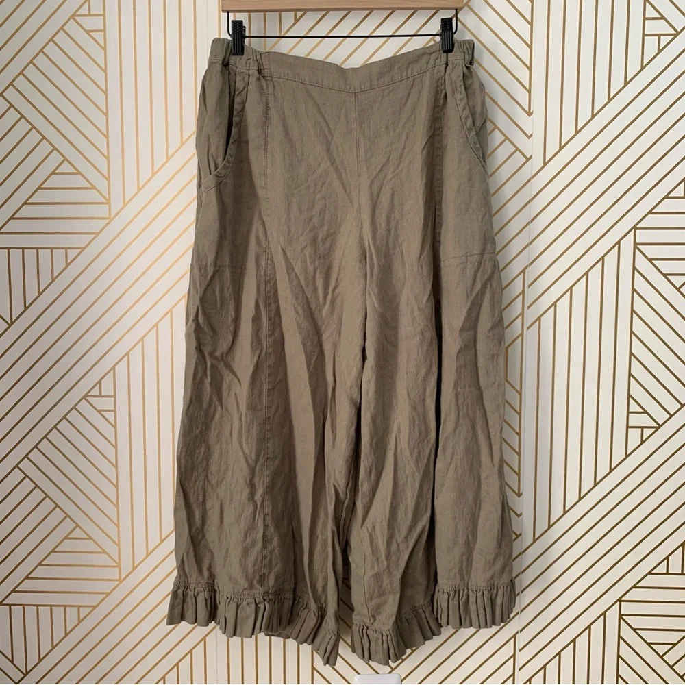 Heart’s Desire by Mary Grace Garbo Lagenlook Wide Leg Ruffle Bottom Linen Pant L - Picture 9 of 9